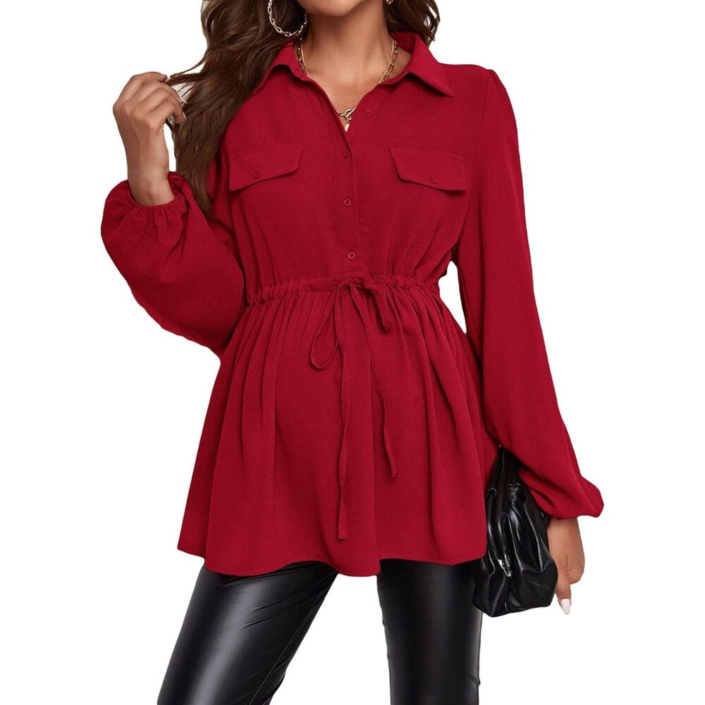 Women’s Maternity Long Sleeve Belted Button Down Blouse Burgundy Size L